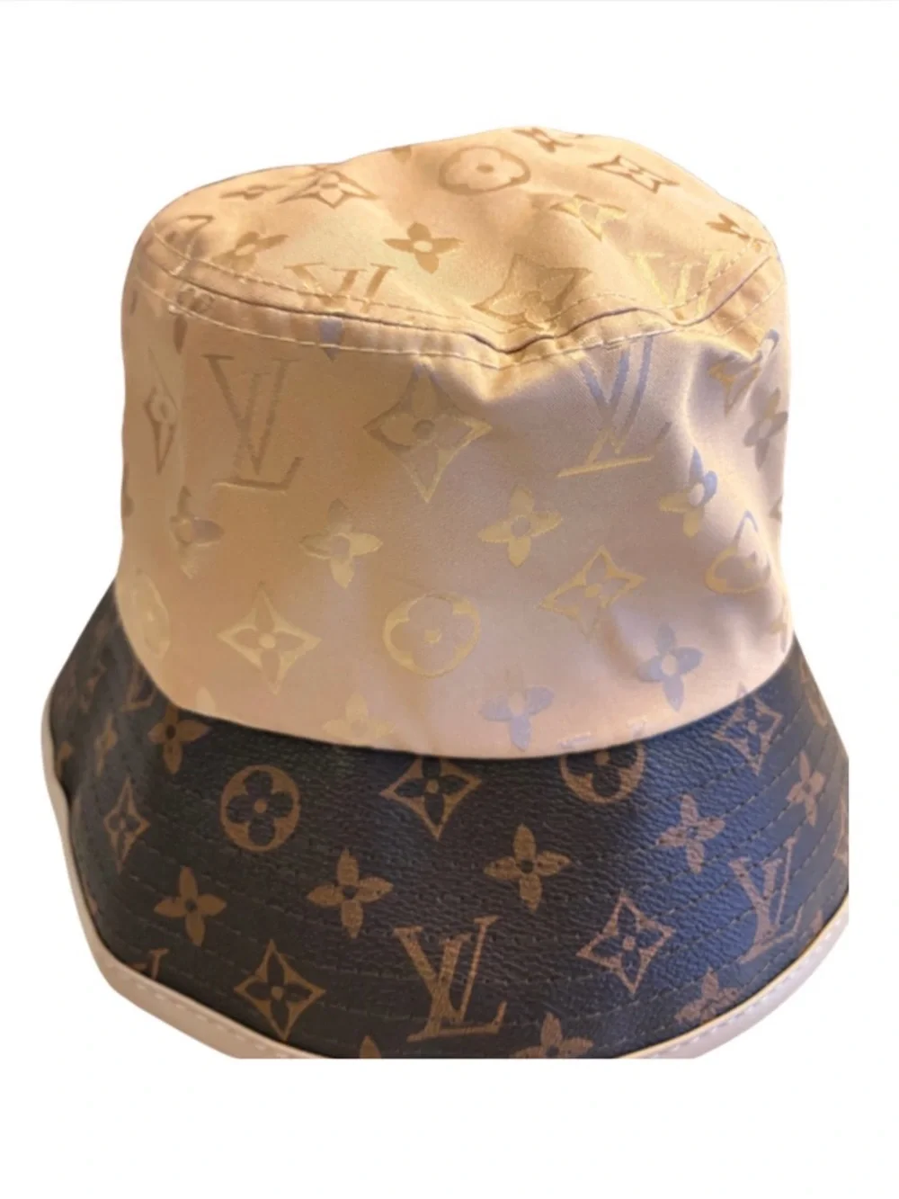 HAT: Brown & Beige Polyester Monogram & PU Leather Bucket, NWT